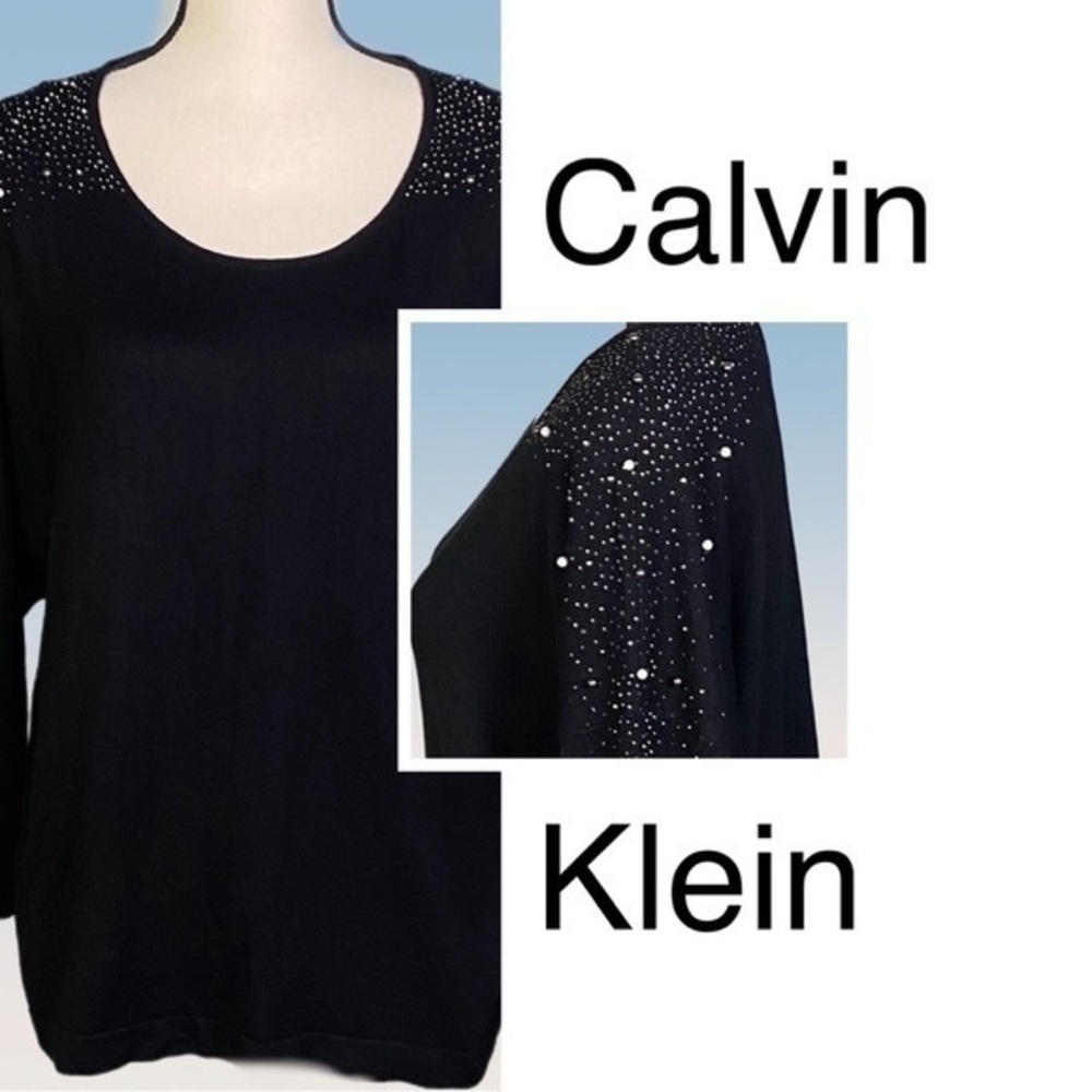 CALVIN KLEIN black sweater with beads and pearls on the shoulders. Medium. EUC